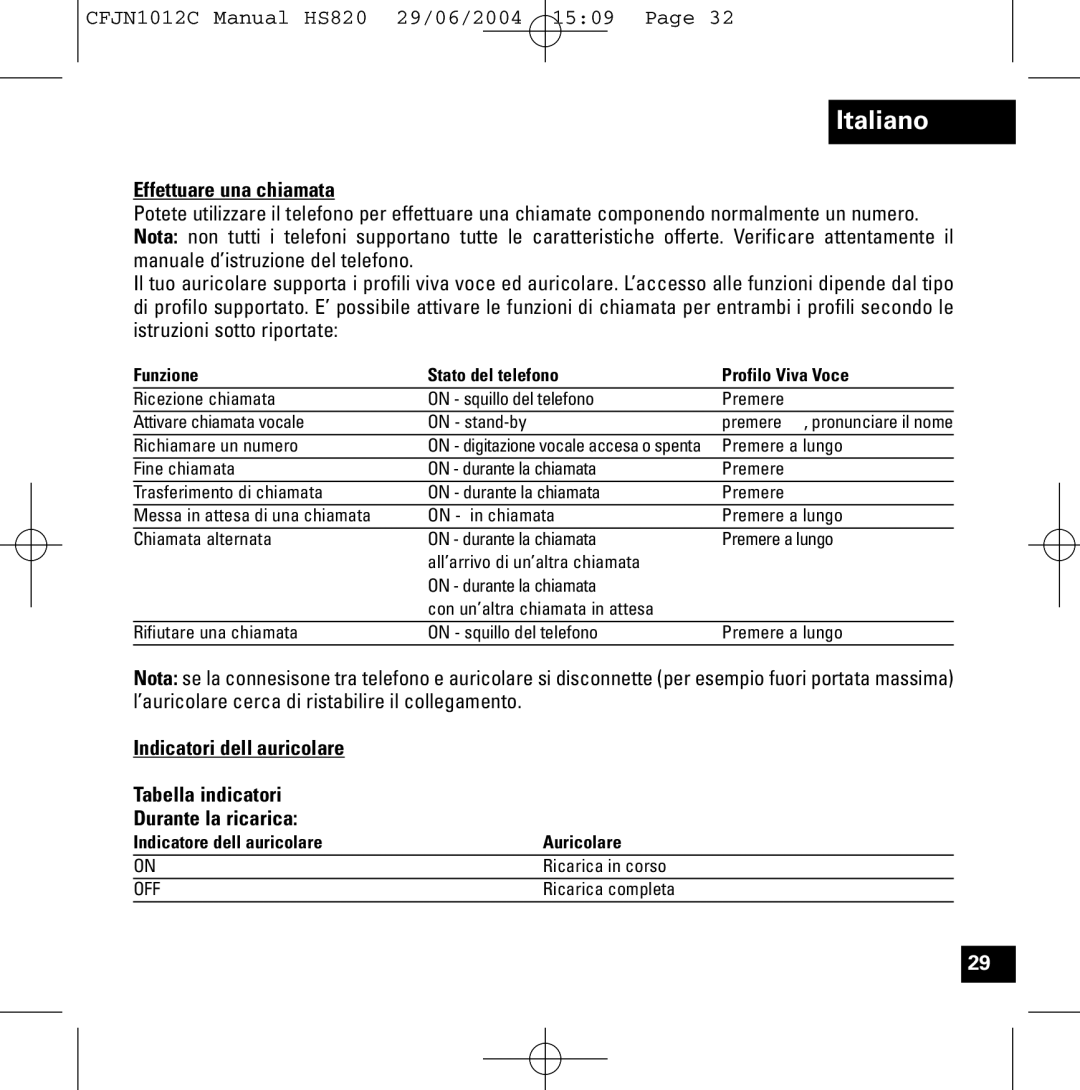 Motorola HS820 manual Effettuare una chiamata, Funzione Stato del telefono Profilo Viva Voce 