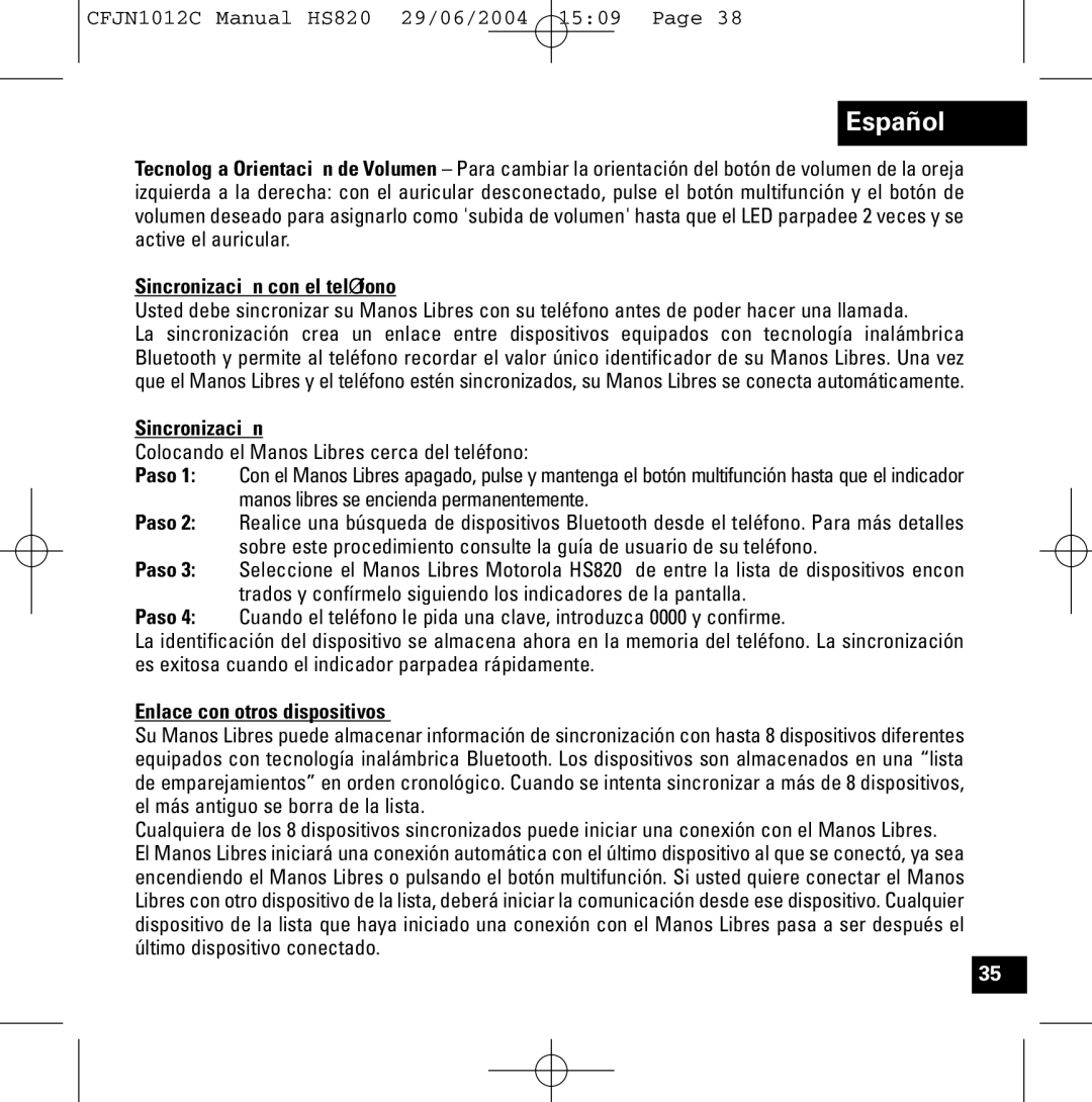 Motorola HS820 manual Sincronización con el teléfono, Enlace con otros dispositivos 