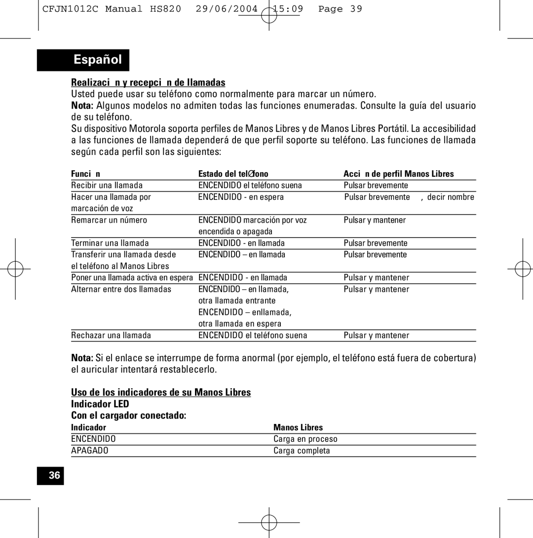 Motorola HS820 manual Realización y recepción de llamadas, Función Estado del teléfono Acción de perfil Manos Libres 