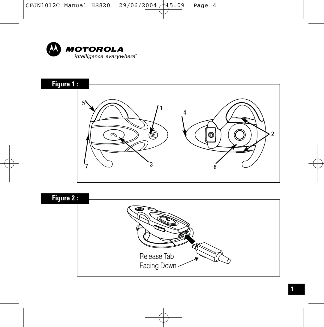 Motorola HS820 manual Release Tab Facing Down 