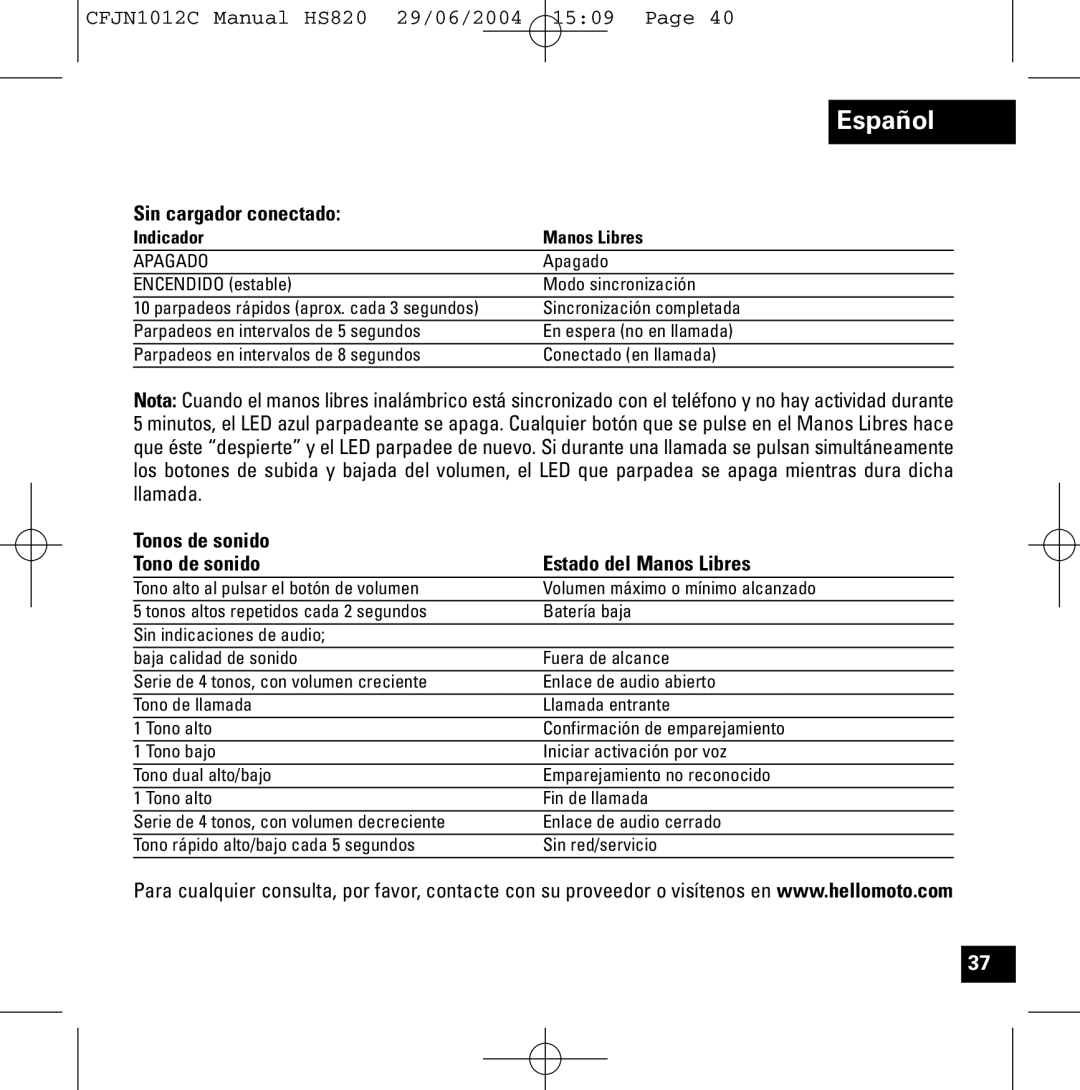 Motorola HS820 manual Sin cargador conectado, Tonos de sonido Tono de sonido Estado del Manos Libres 