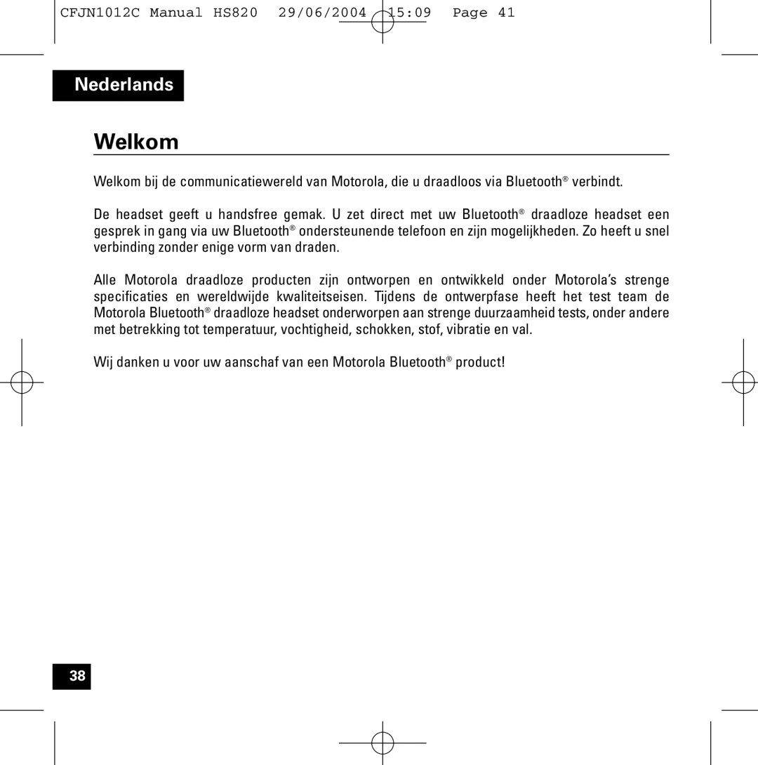 Motorola HS820 manual Welkom 