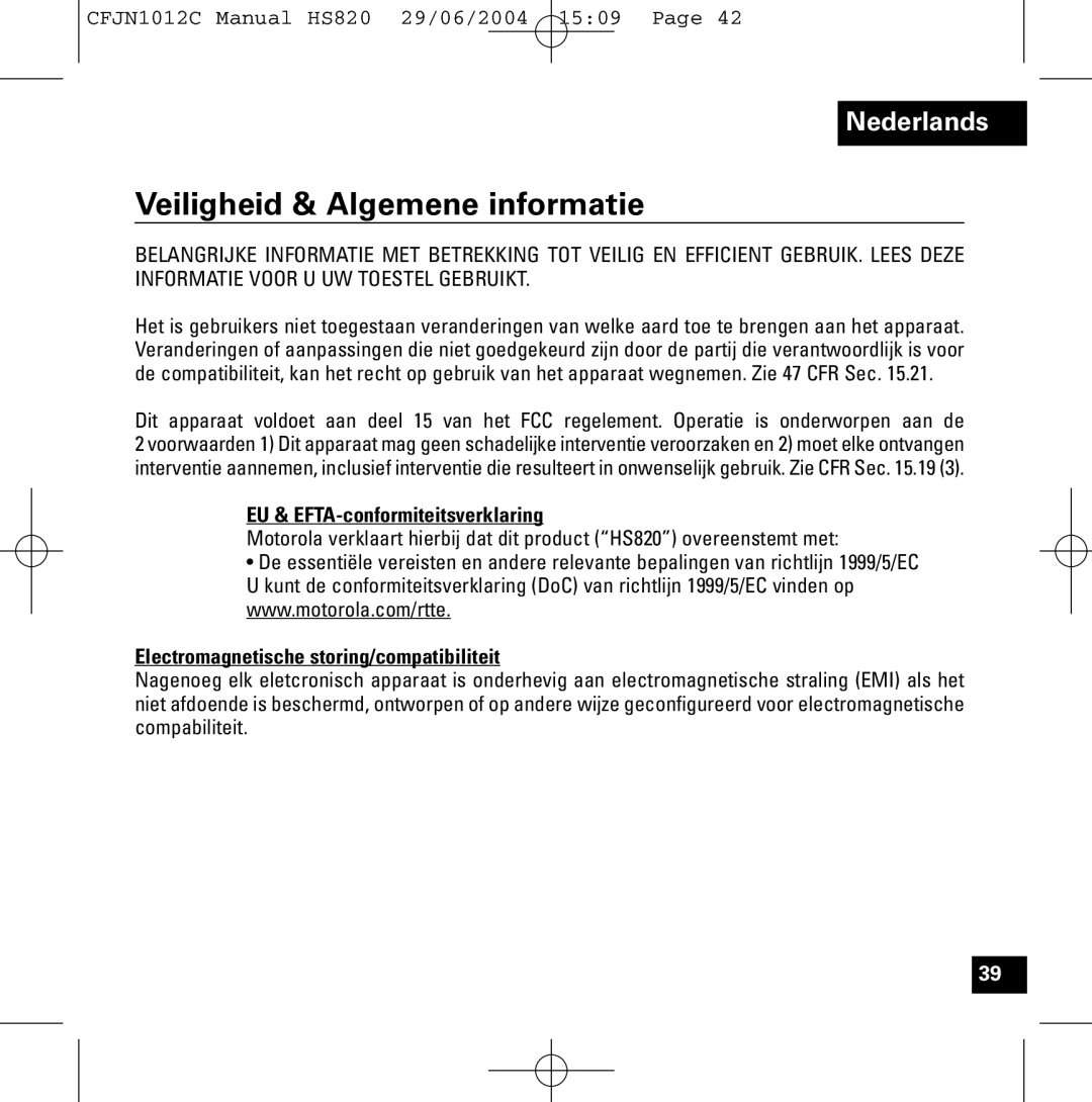 Motorola HS820 manual Veiligheid & Algemene informatie, EU & EFTA-conformiteitsverklaring 