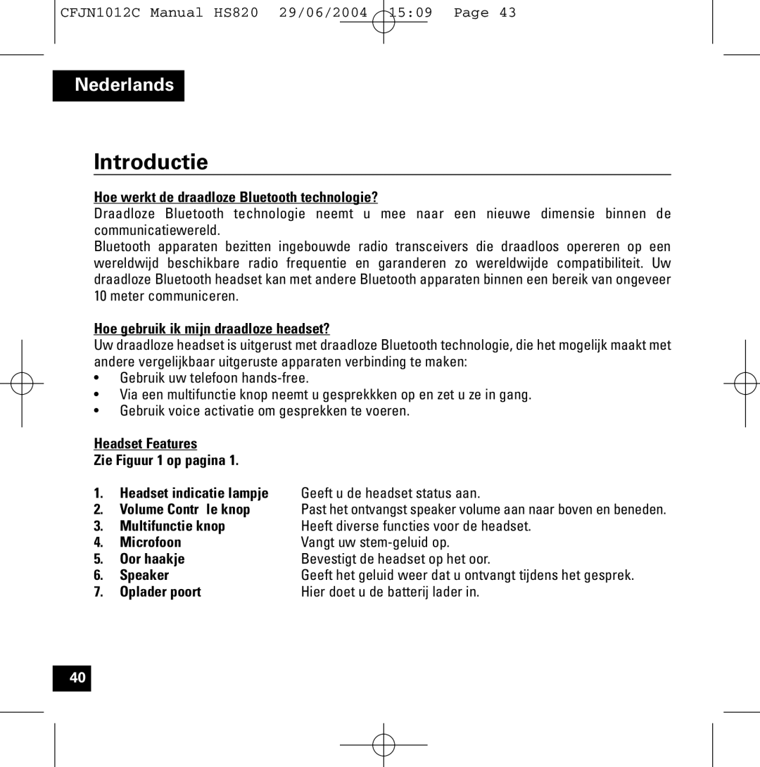 Motorola HS820 manual Introductie 