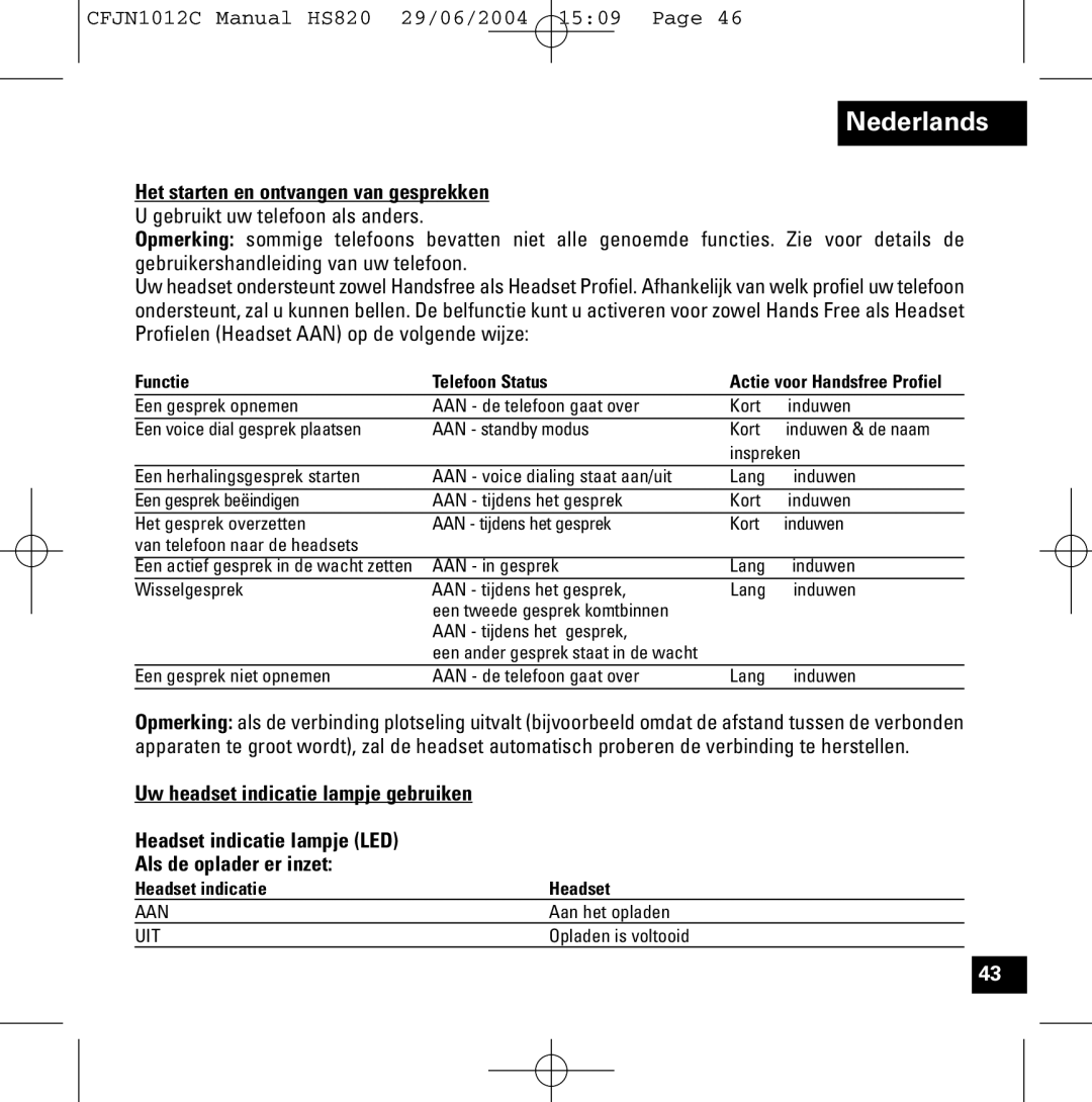 Motorola HS820 manual Het starten en ontvangen van gesprekken, Functie Telefoon Status, Headset indicatie 