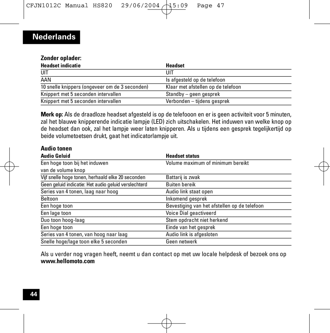 Motorola HS820 manual Zonder oplader, Audio tonen, Audio Geluid Headset status 