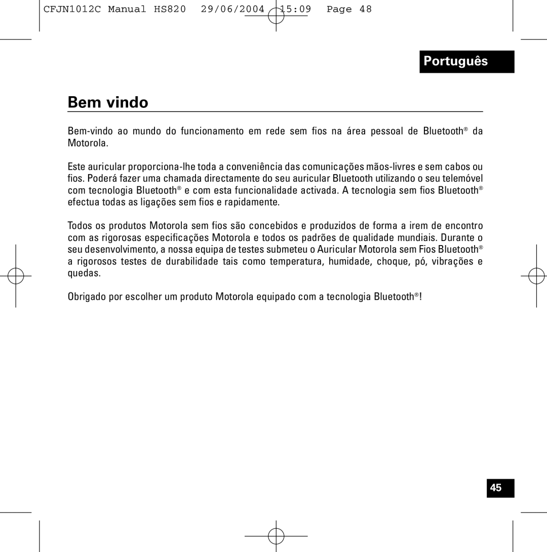 Motorola HS820 manual Bem vindo 