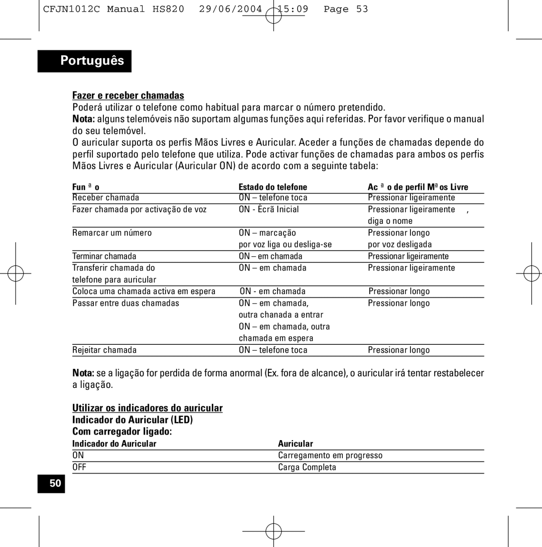 Motorola HS820 Fazer e receber chamadas, Função Estado do telefone Acção de perfil Mãos Livre, Indicador do Auricular 