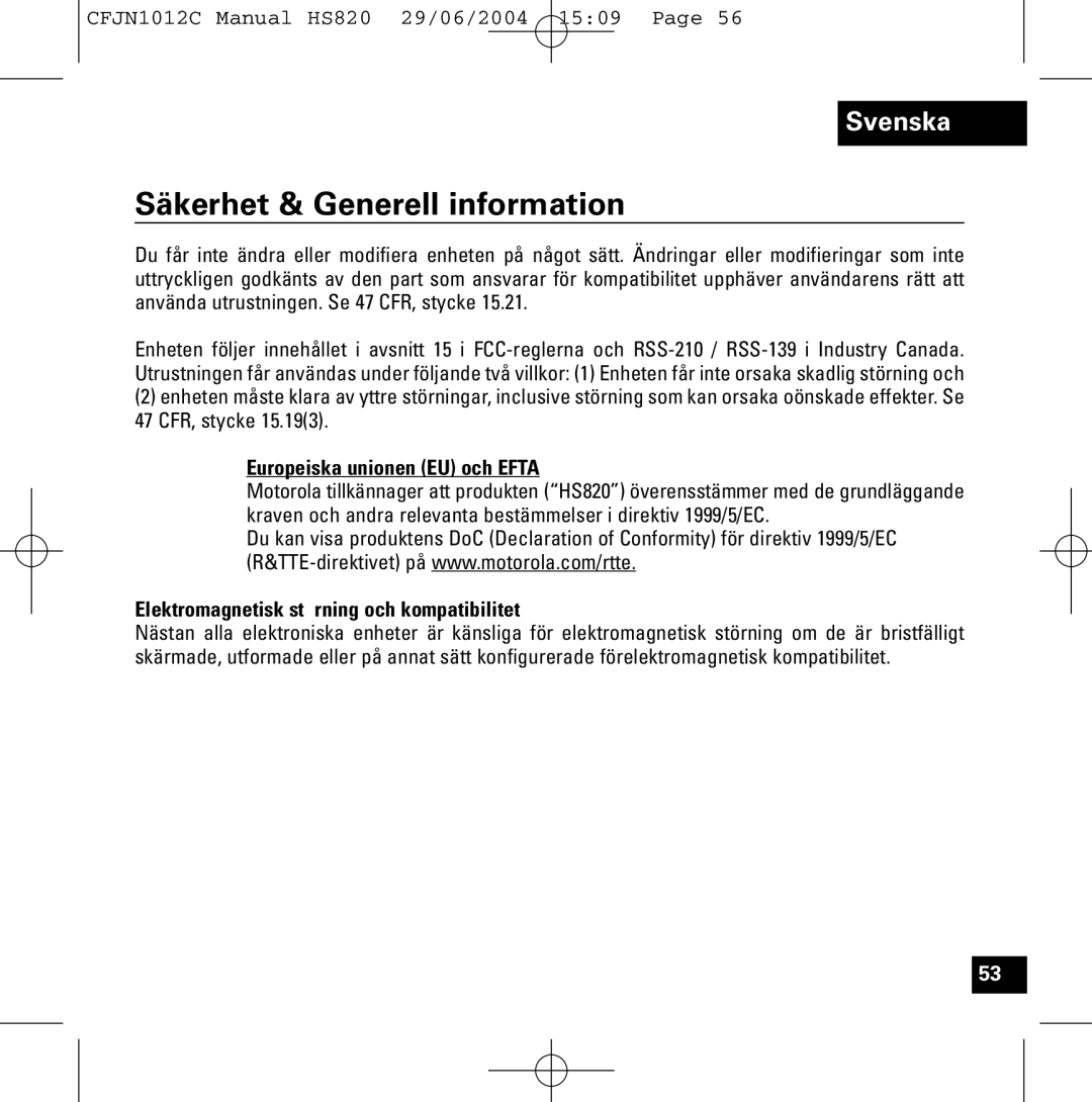 Motorola HS820 manual Säkerhet & Generell information, Europeiska unionen EU och Efta 