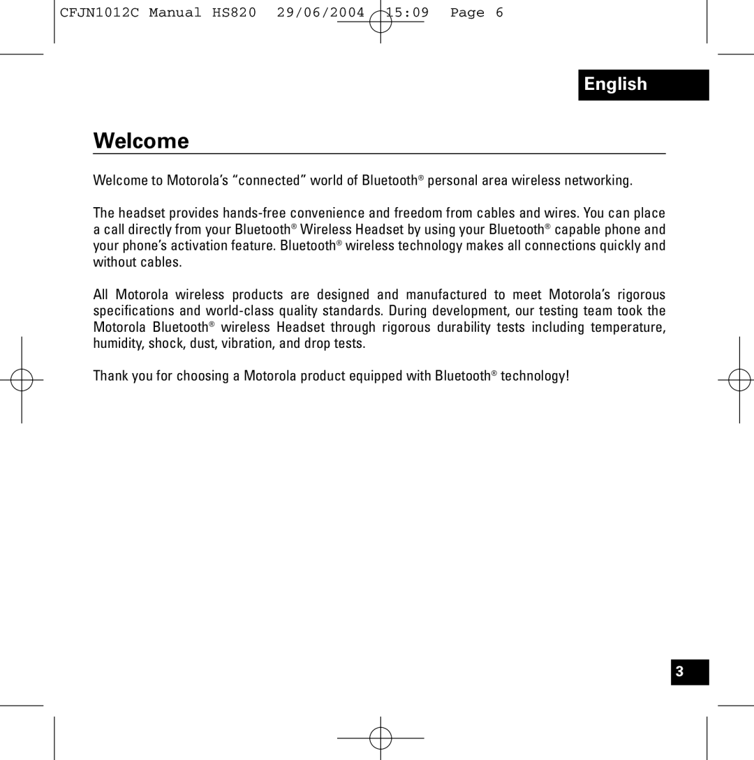 Motorola HS820 manual Welcome 