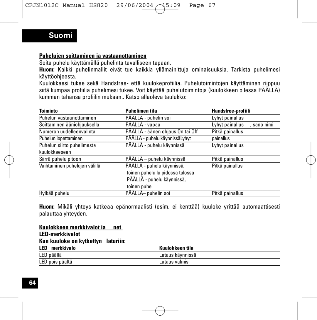 Motorola HS820 manual Puhelujen soittaminen ja vastaanottaminen, Toiminto Puhelimen tila Handsfree-profiili 