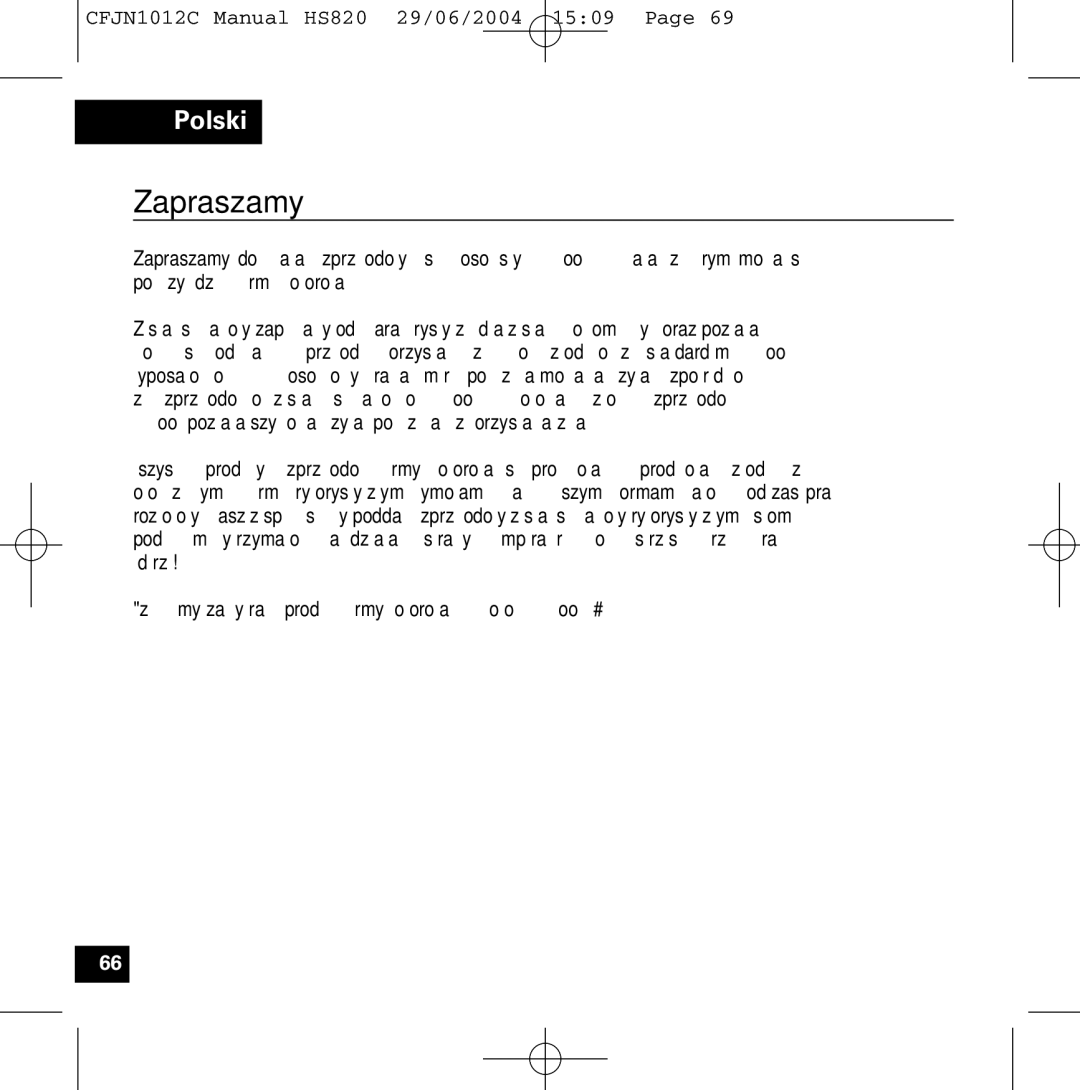 Motorola HS820 manual Zapraszamy 