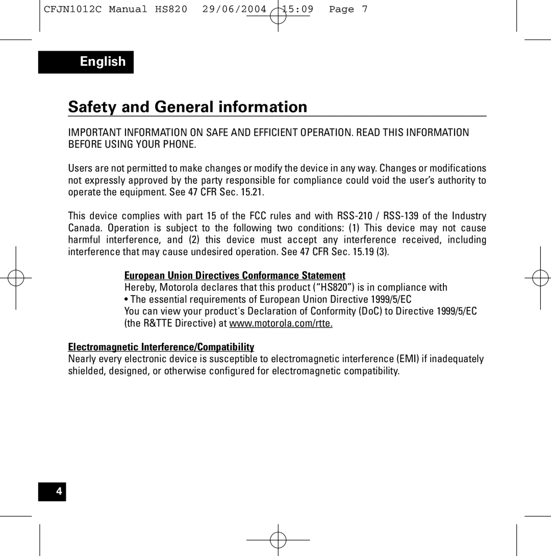 Motorola HS820 manual Safety and General information, European Union Directives Conformance Statement 