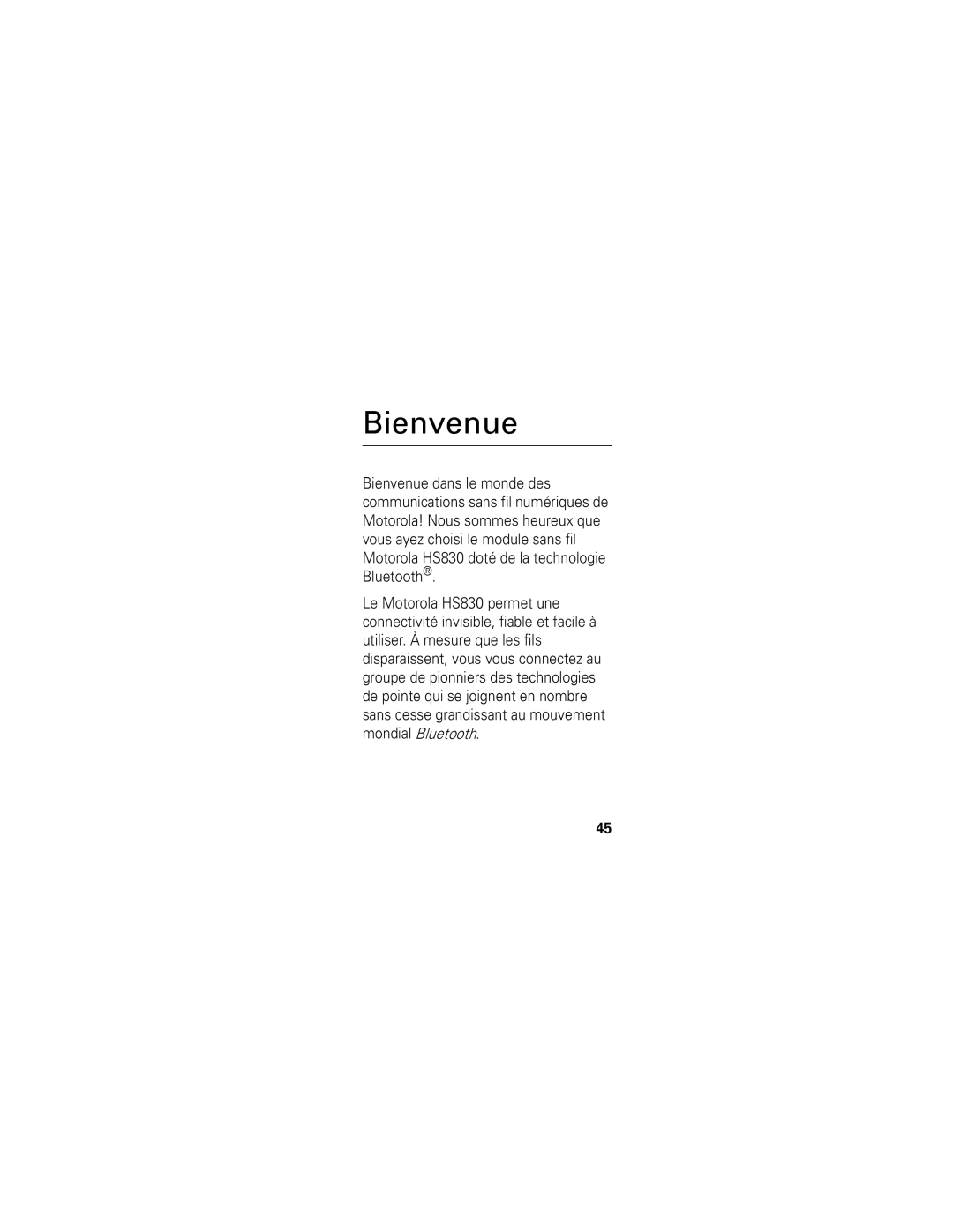 Motorola HS830 manual Bienvenue 