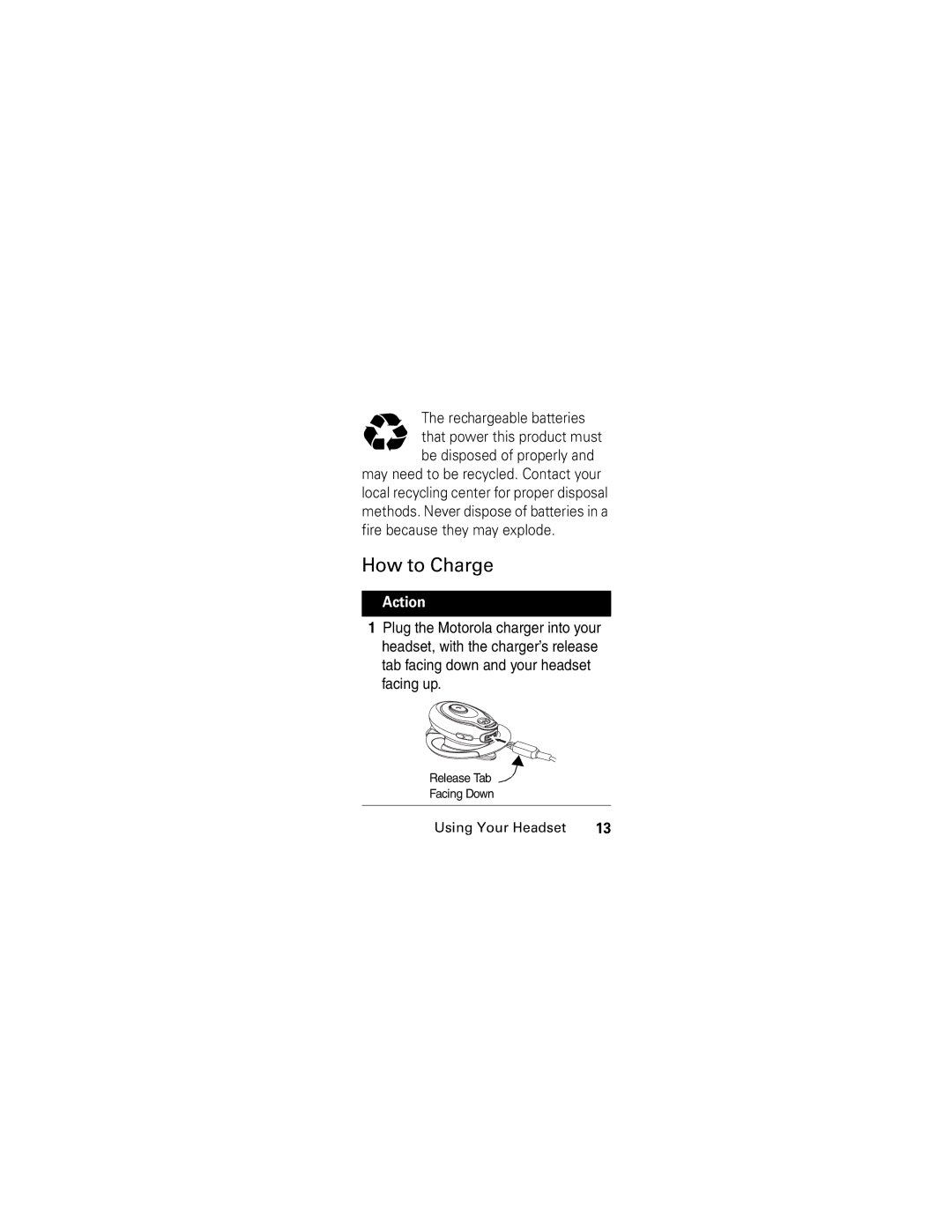 Motorola HS850 manual How to Charge, Action 