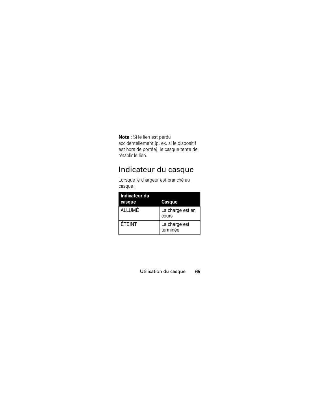 Motorola HS850 manual Indicateur du casque, Indicateur du Casque 