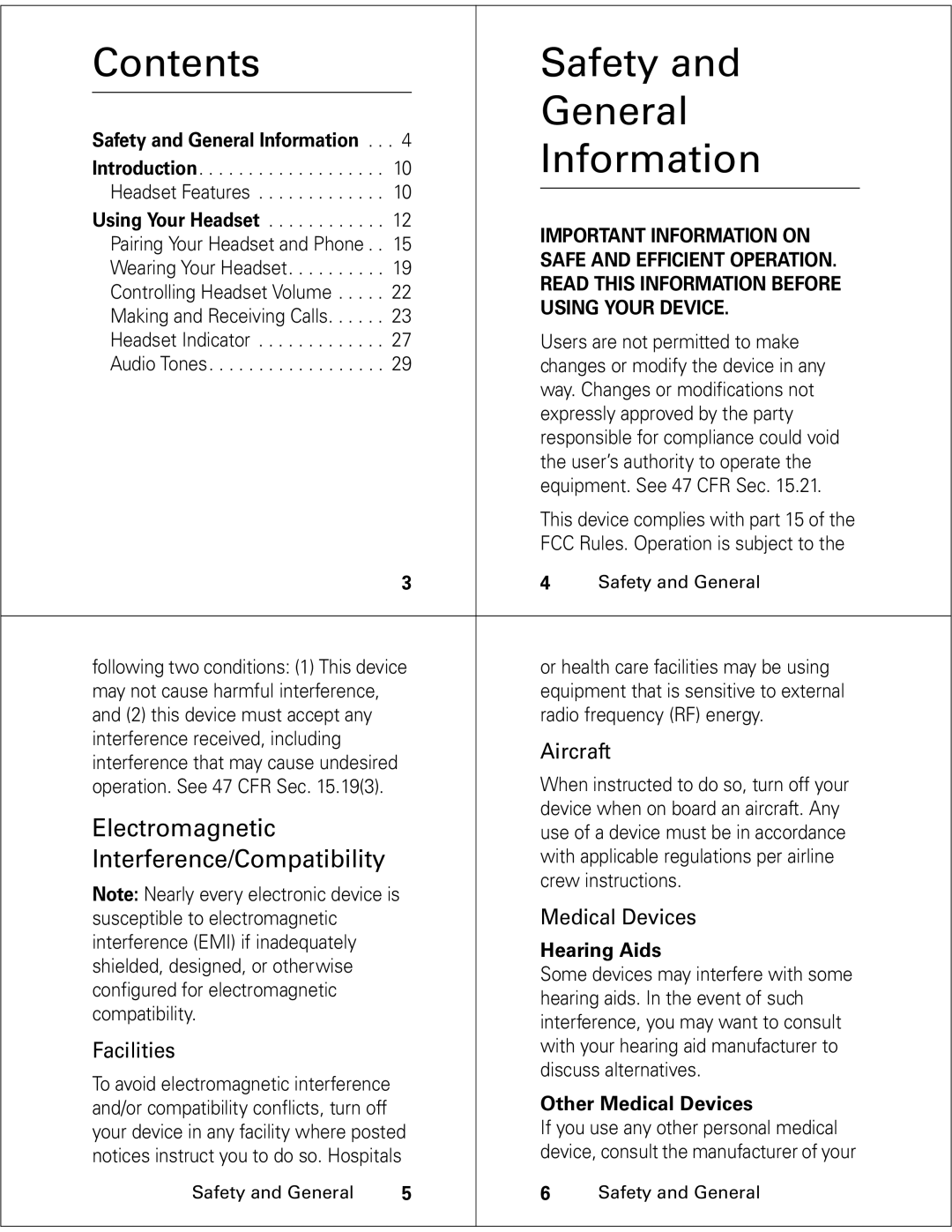 Motorola HS850 manual Contents Safety General, Information, Electromagnetic, Interference/Compatibility 