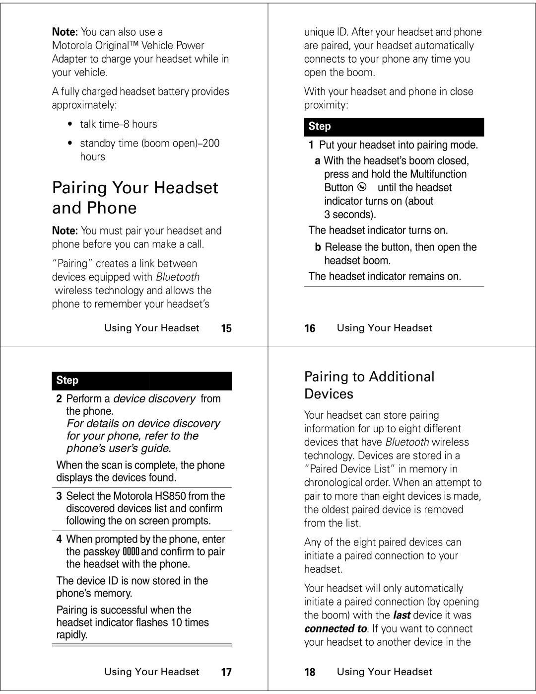 Motorola HS850 manual Pairing Your Headset, Phone, Pairing to Additional, Devices, Step 