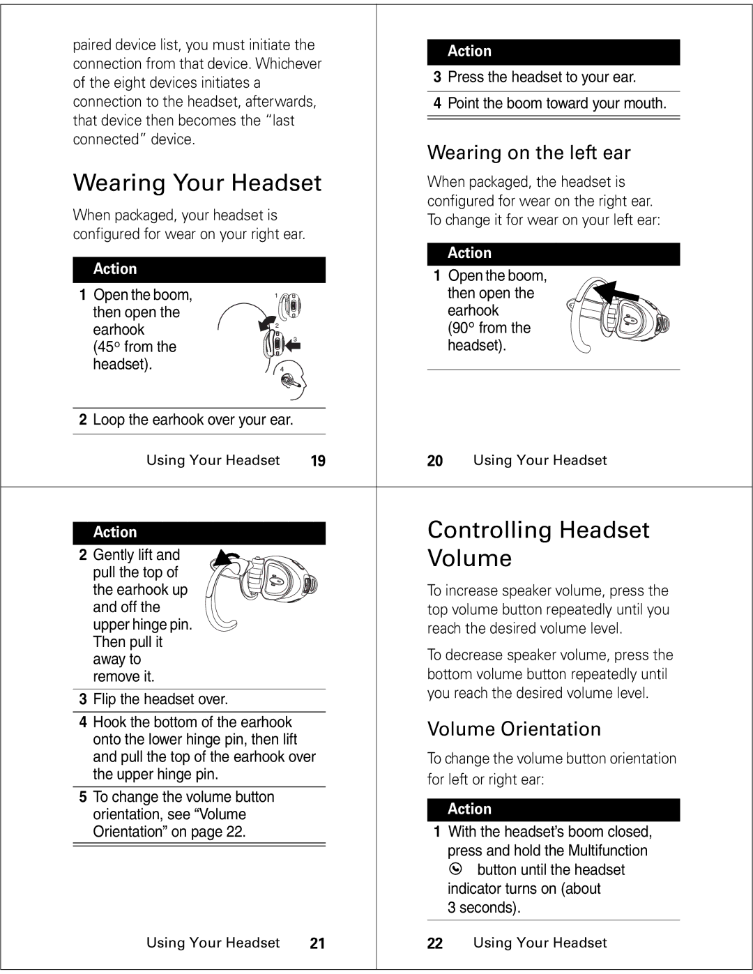 Motorola HS850 manual Wearing Your Headset, Controlling Headset, Wearing on the left ear, Volume Orientation 