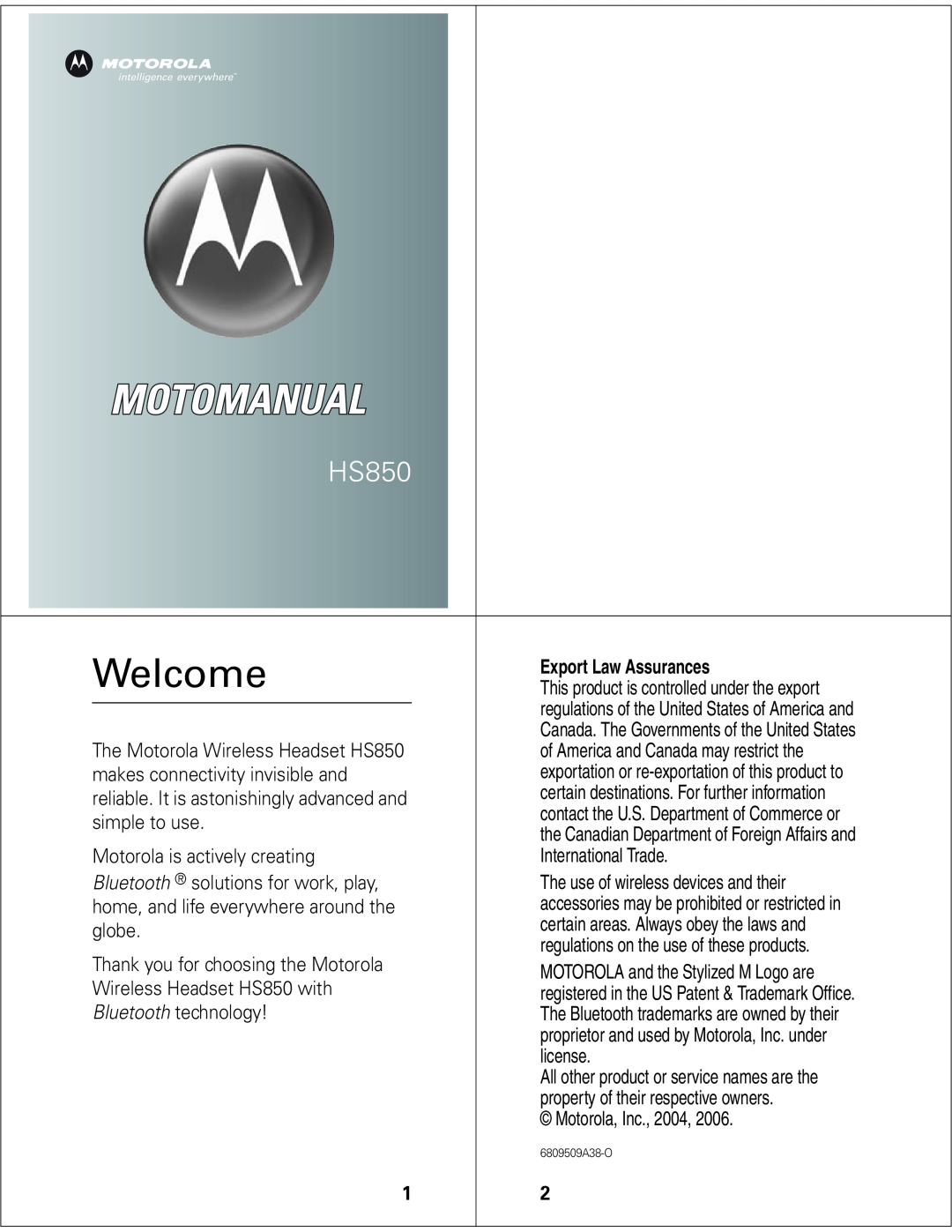 Motorola HS850 manual Welcome, Export Law Assurances 