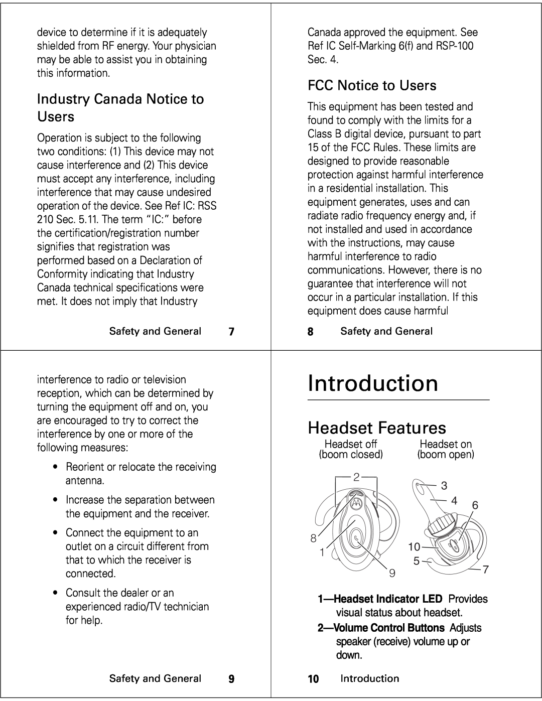 Motorola HS850 manual Introduction, Headset Features, FCC Notice to Users, Industry Canada Notice to 