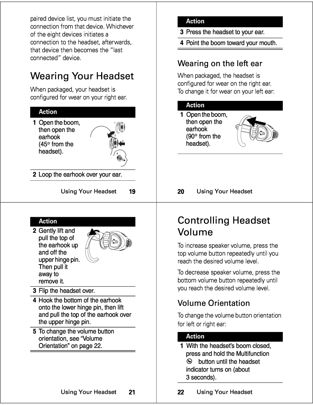 Motorola HS850 manual Wearing Your Headset, Controlling Headset, Wearing on the left ear, Volume Orientation 