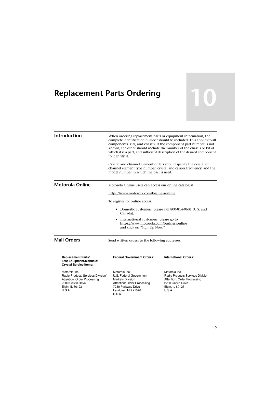 Motorola HT 1000 service manual Replacement Parts Ordering, Motorola Online, Mail Orders, 115 