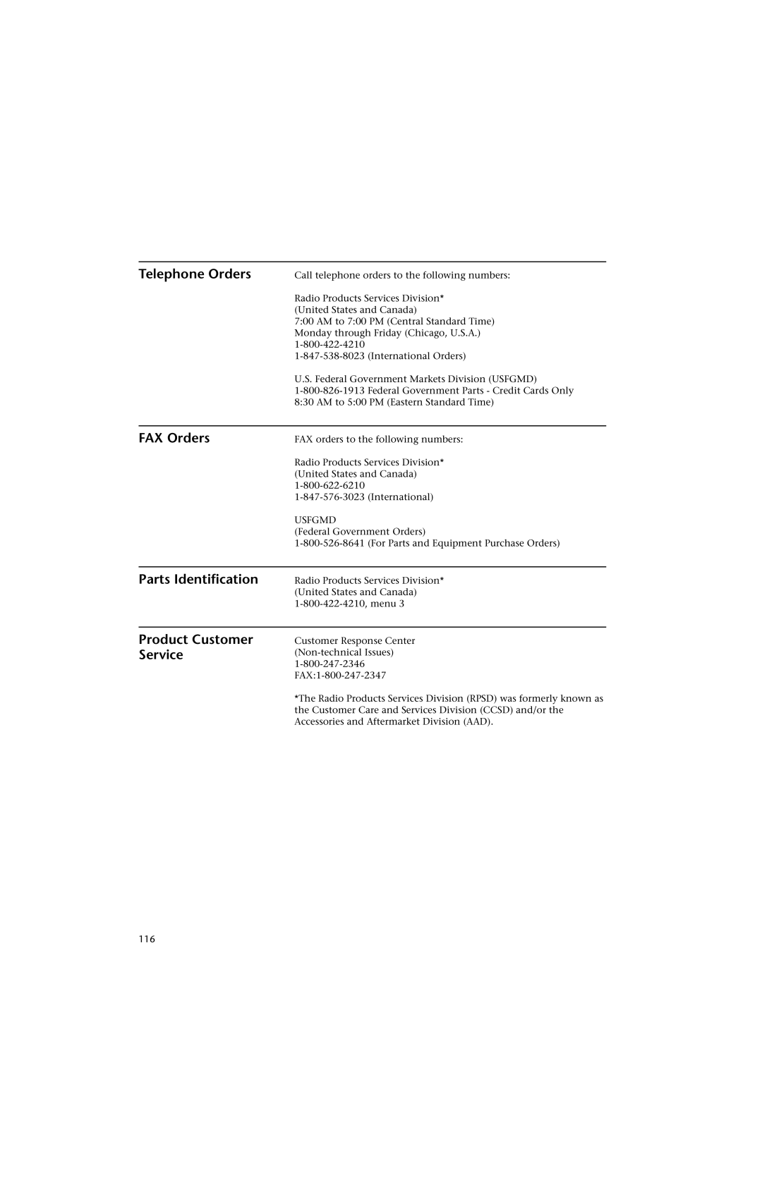 Motorola HT 1000 service manual Telephone Orders, FAX Orders, Parts Identification, 116 