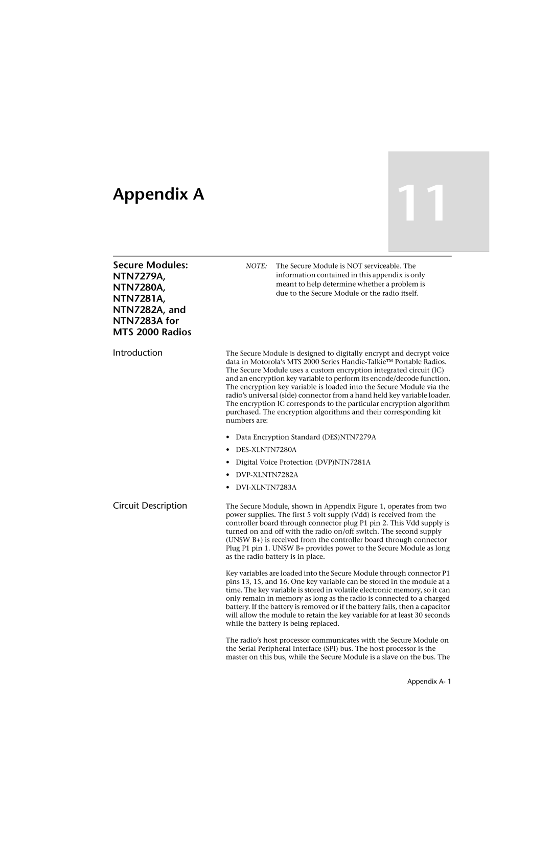 Motorola HT 1000 service manual Appendix a, Introduction Circuit Description 