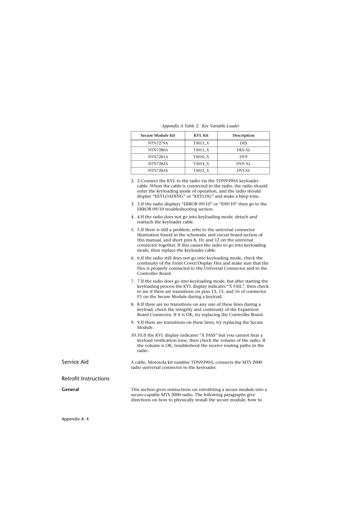 Motorola HT 1000 service manual Service Aid Retrofit Instructions, Appendix a . Key Variable Loader 