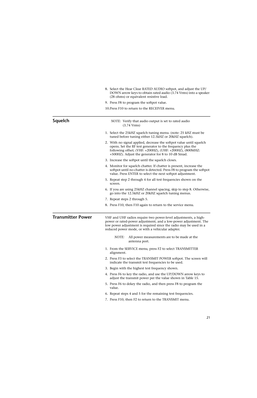 Motorola HT 1000 service manual Squelch, Transmitter Power 