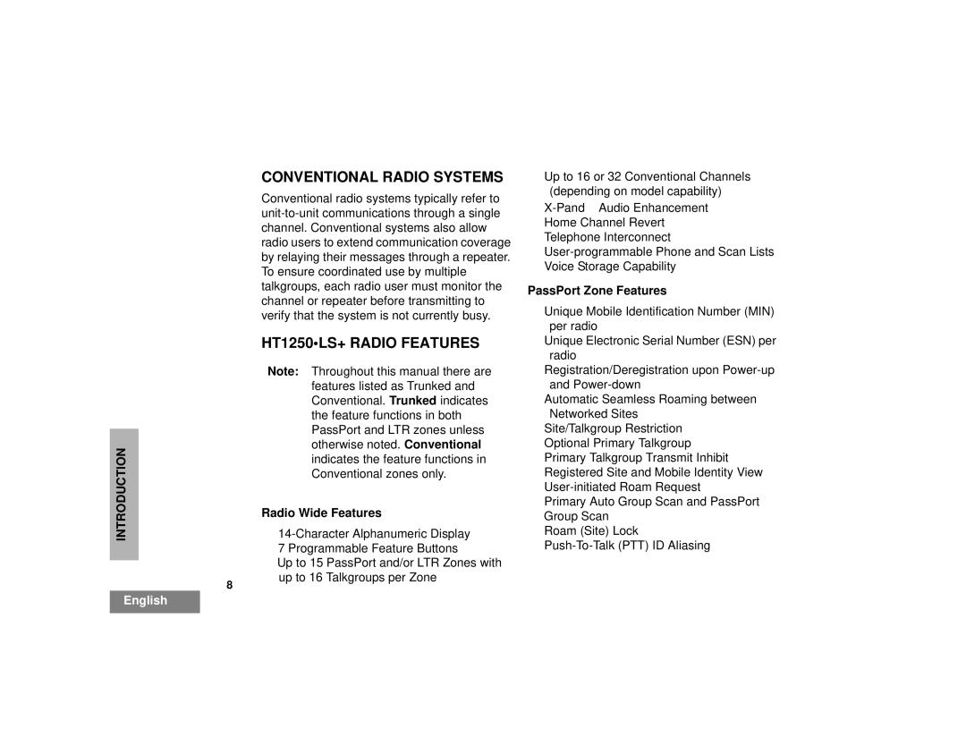 Motorola manual Conventional Radio Systems, HT1250LS+ Radio Features, Radio Wide Features, PassPort Zone Features 