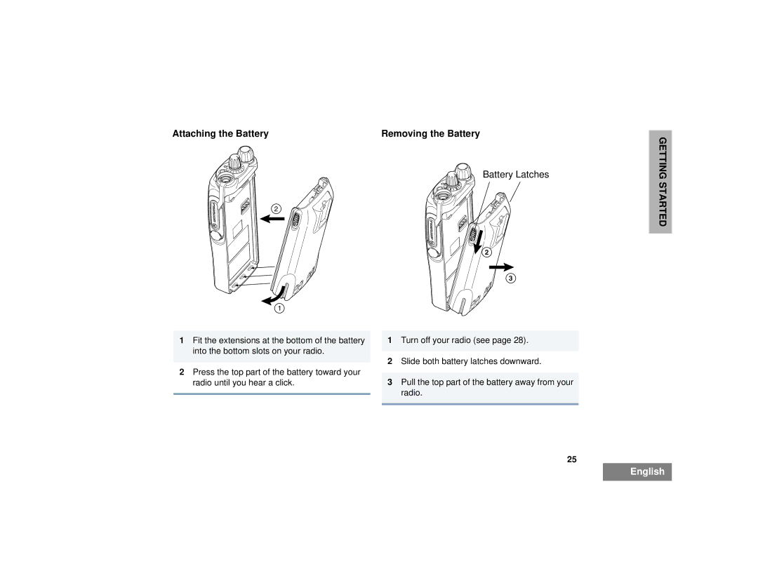 Motorola HT1250LS+ manual Attaching the Battery Removing the Battery 