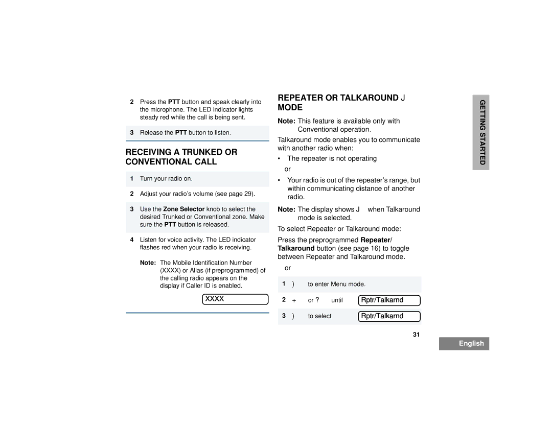 Motorola HT1250LS+ manual Receiving a Trunked or Conventional Call, Repeater or Talkaround J Mode, Xxxx, Rptr/Talkarnd 