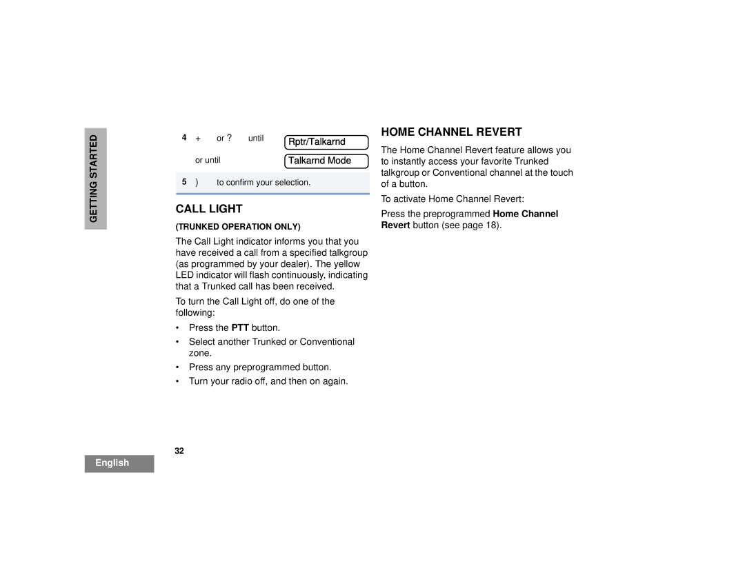 Motorola HT1250LS+ manual Call Light, Home Channel Revert 