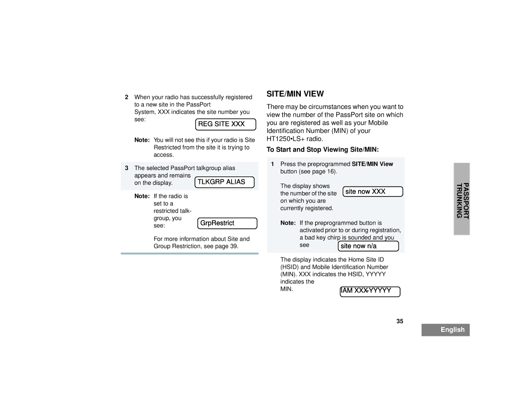 Motorola HT1250LS+ manual SITE/MIN View, REG Site, To Start and Stop Viewing Site/MIN 