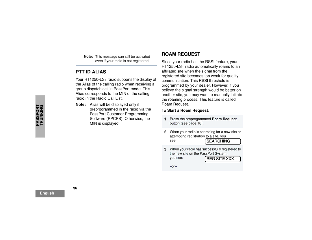 Motorola HT1250LS+ manual PTT ID Alias, To Start a Roam Request, SeeSEARCHING 