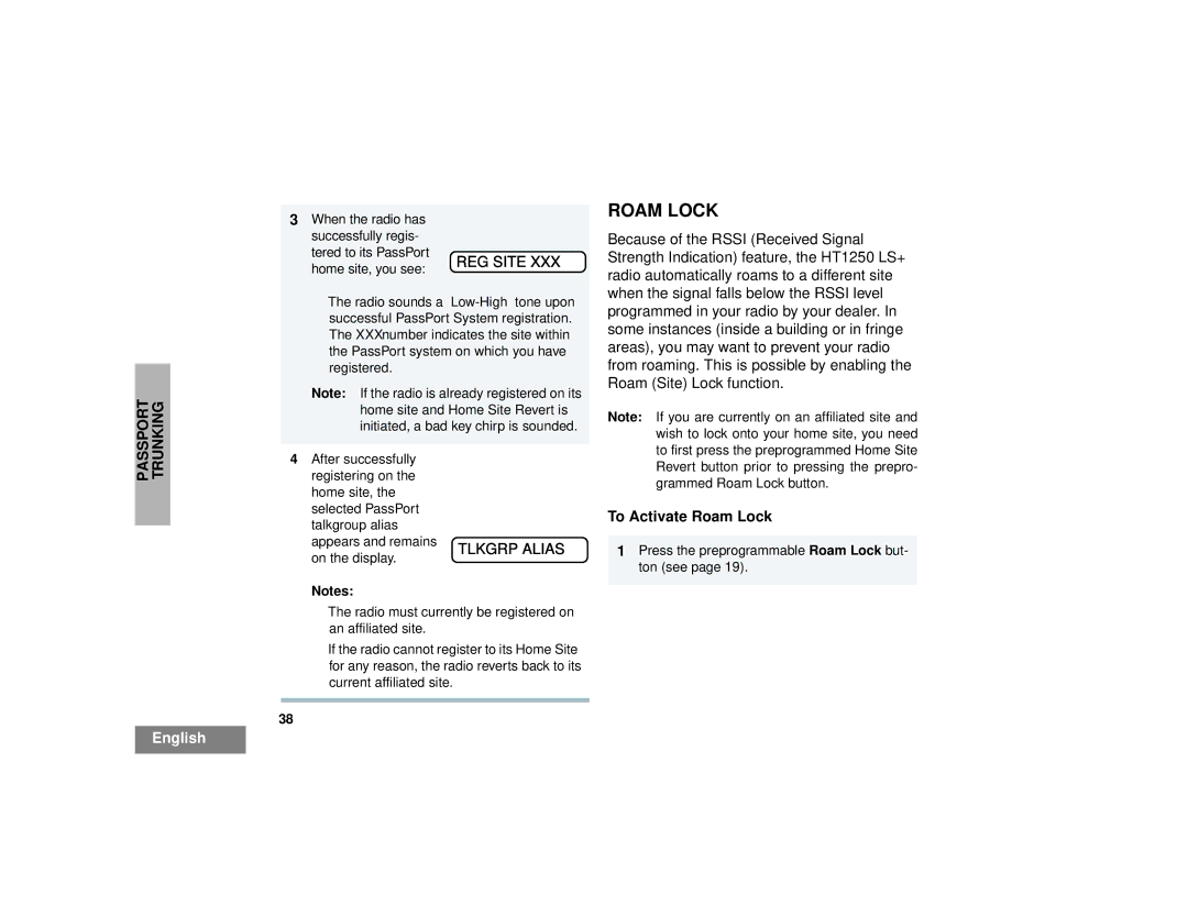 Motorola HT1250LS+ manual To Activate Roam Lock 