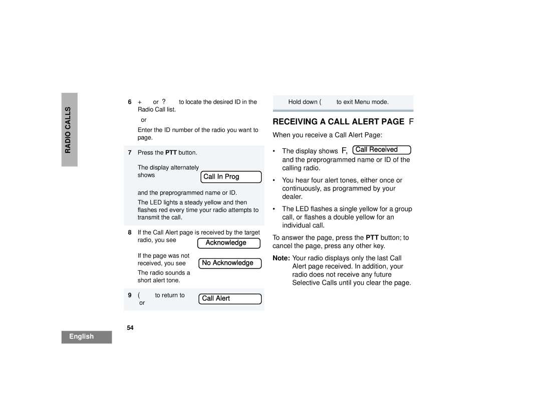 Motorola HT1250LS+ manual Receiving a Call Alert page F, Call In Prog, No Acknowledge Call Alert 