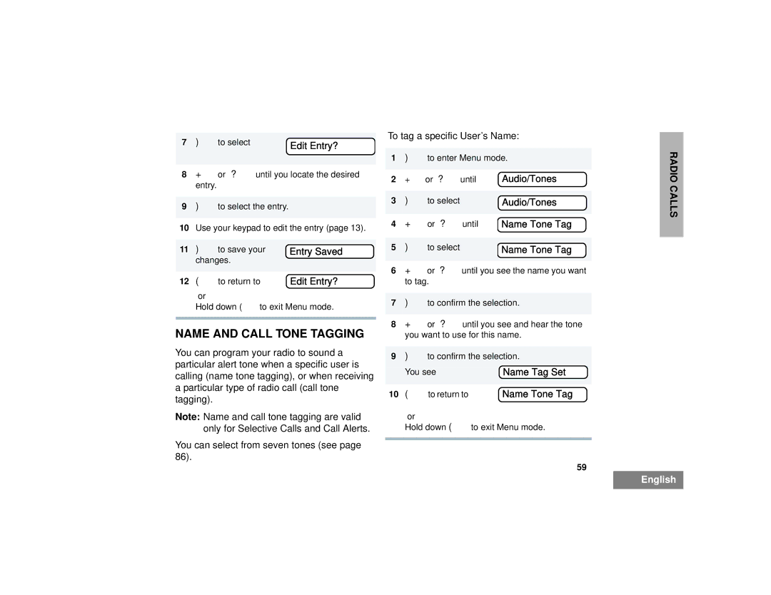 Motorola HT1250LS+ manual Name and Call Tone Tagging, Entry Saved, Audio/Tones, Name Tone Tag, Name Tag Set 