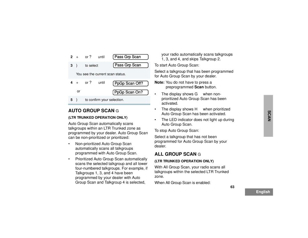 Motorola HT1250LS+ manual Auto Group Scan G, ALL Group Scan G, Pass Grp Scan 