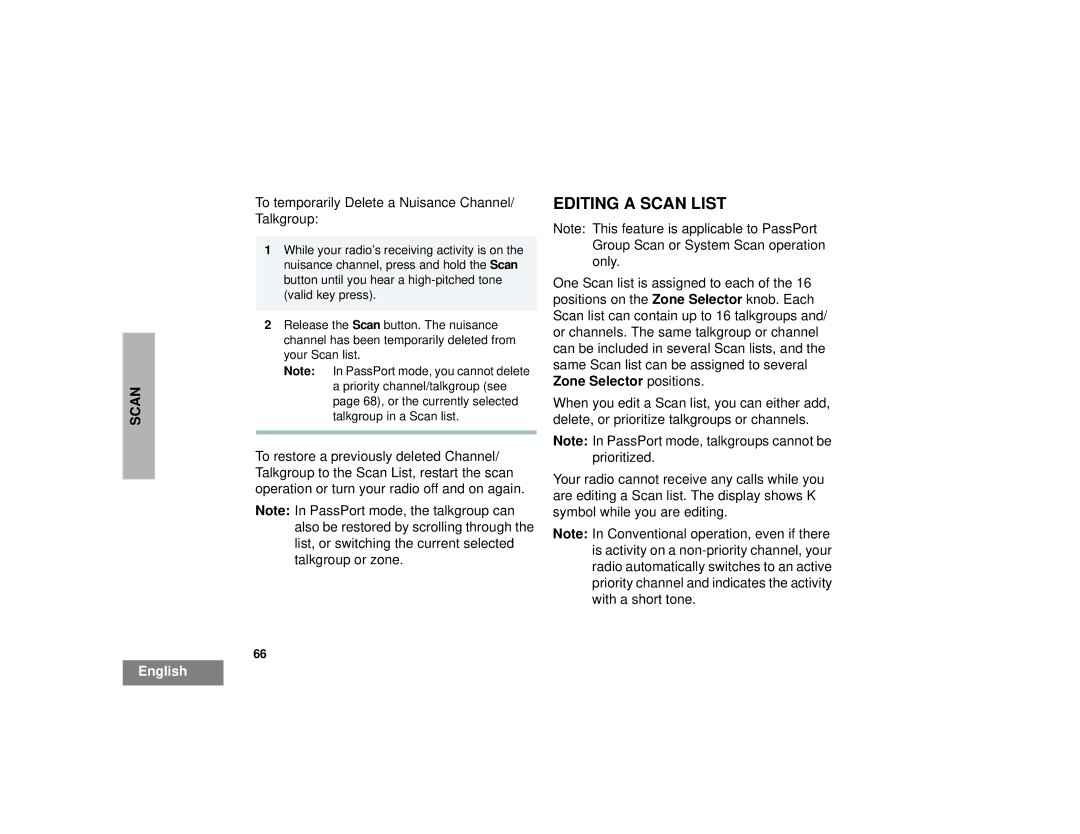 Motorola HT1250LS+ manual Editing a Scan List, To temporarily Delete a Nuisance Channel/ Talkgroup 