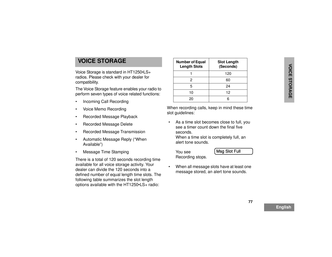 Motorola HT1250LS+ manual Voice Storage, Msg Slot Full 