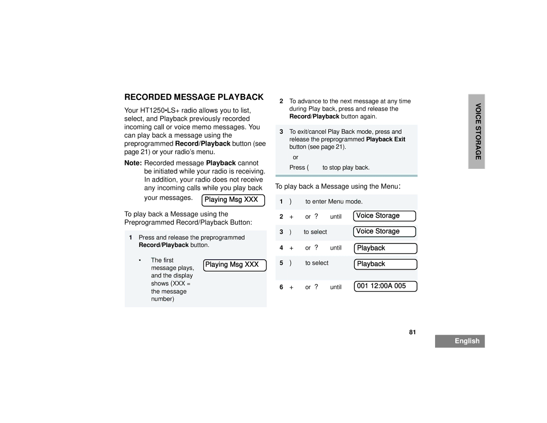 Motorola HT1250LS+ manual Recorded Message Playback, Playing Msg 