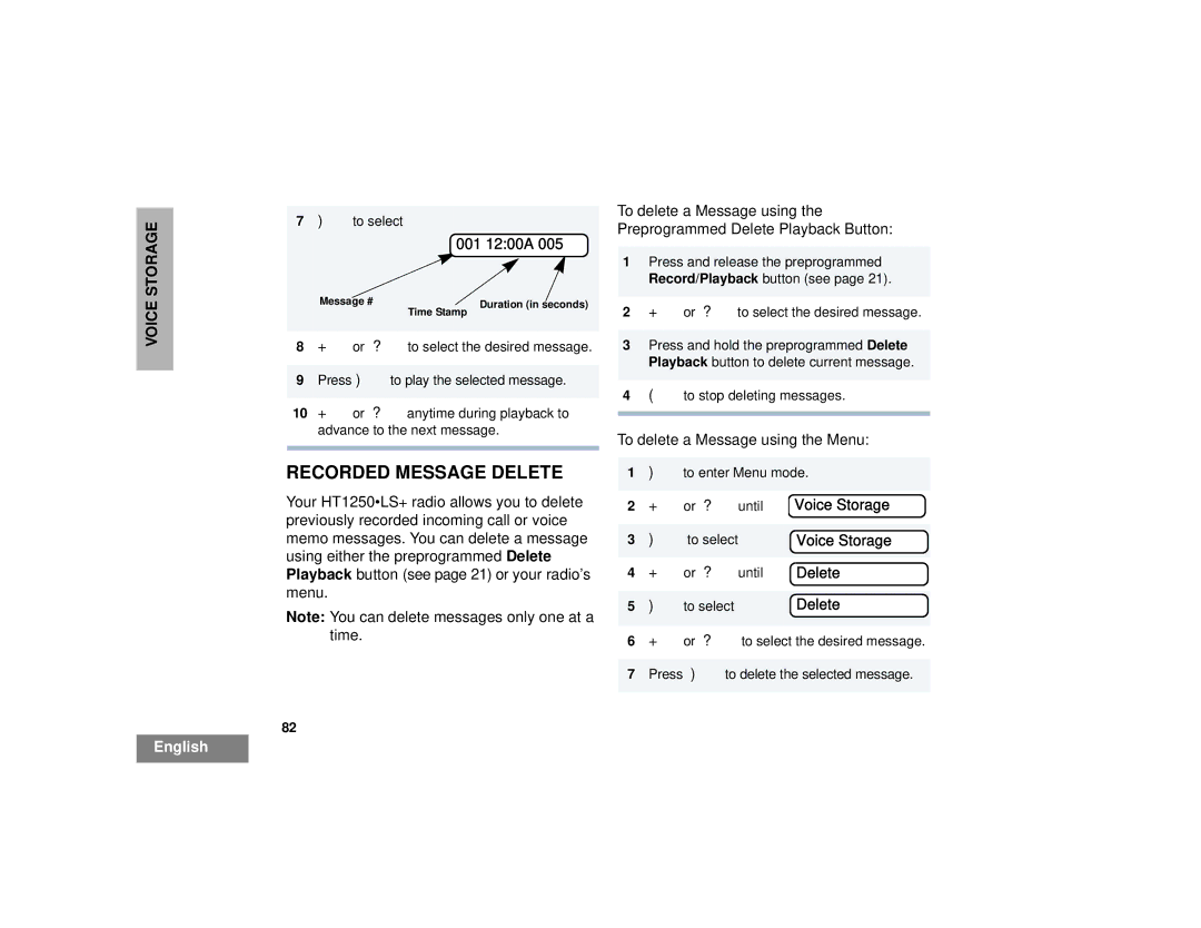 Motorola HT1250LS+ manual Recorded Message Delete, 001 1200A 005 