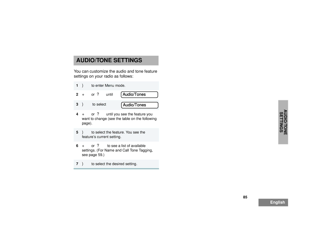 Motorola HT1250LS+ manual AUDIO/TONE Settings, Audio/Tones 