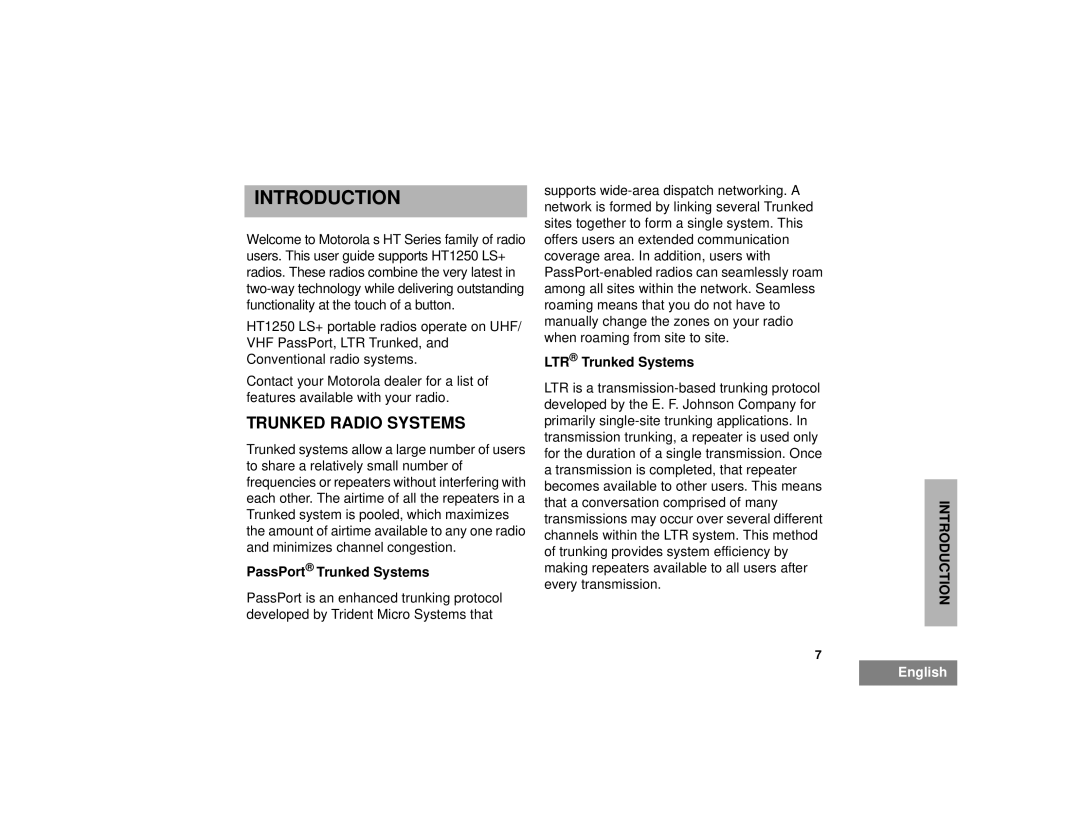 Motorola HT1250LS+ manual Introduction, Trunked Radio Systems, PassPort Trunked Systems, LTR Trunked Systems 