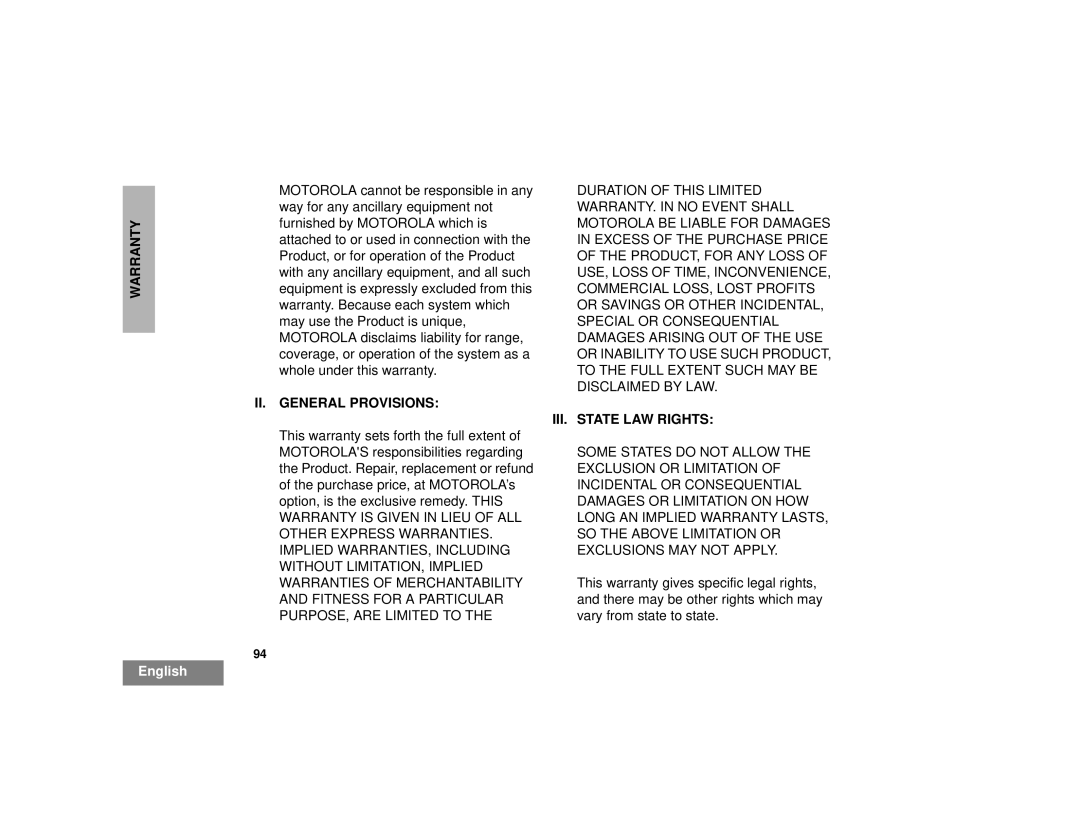 Motorola HT1250LS+ manual II. General Provisions, III. State LAW Rights 