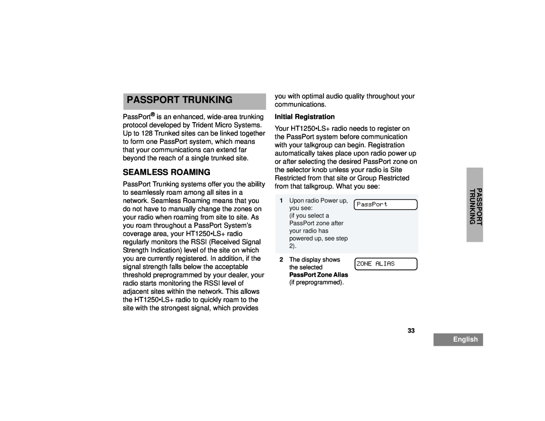 Motorola HT1250LS+ manual Passport Trunking, Seamless Roaming, Initial Registration, PassPort ZONE ALIAS, English 
