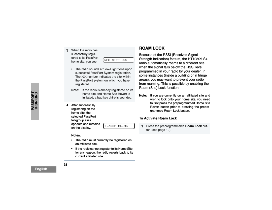 Motorola HT1250LS+ manual To Activate Roam Lock, Passport Trunking, English 